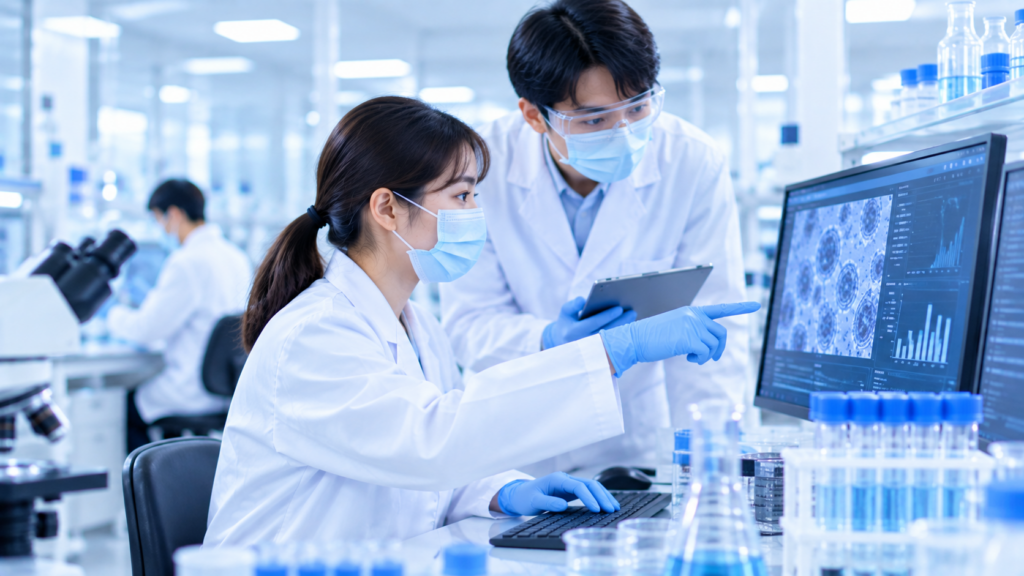 タブレットでデータを確認する研究者