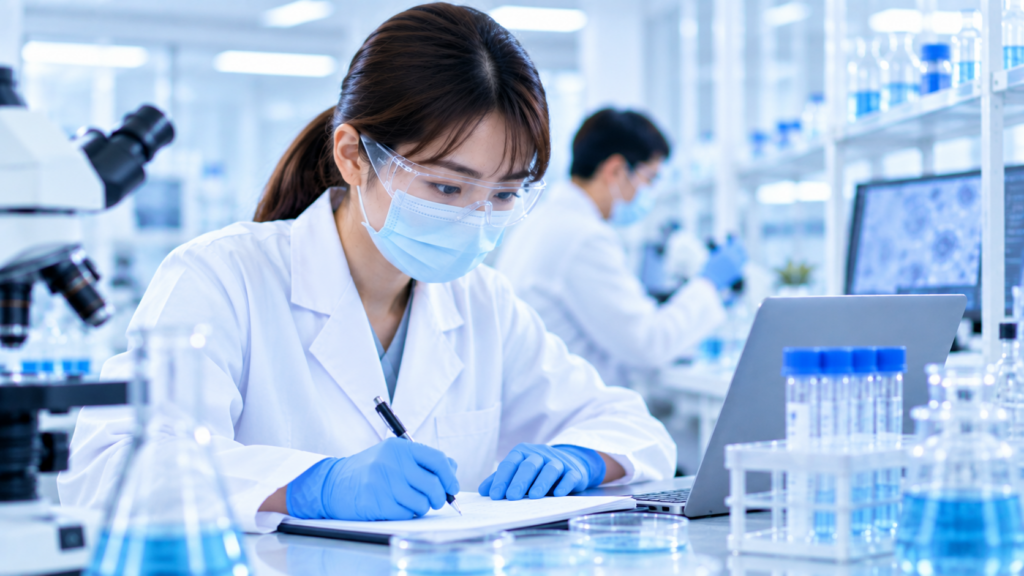 共同で実験を進める研究者2名