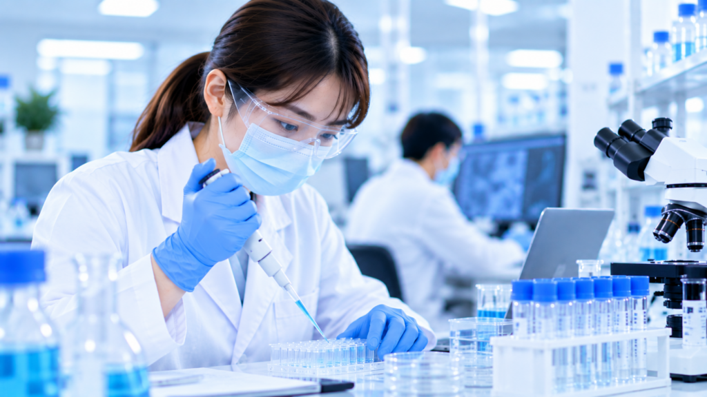 複数の顕微鏡が並ぶ研究室と研究者
