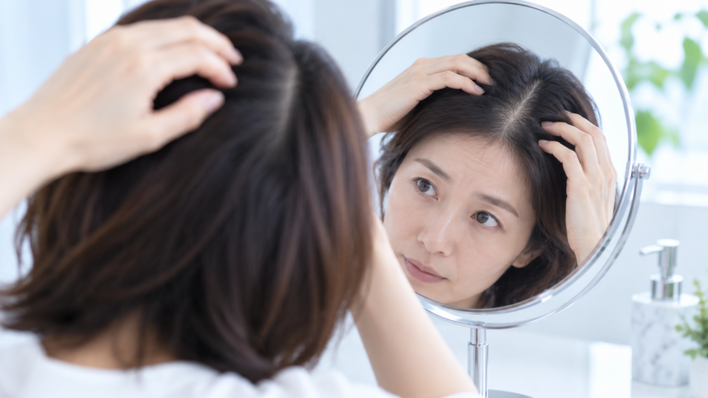 鏡を見て髪を気にする女性