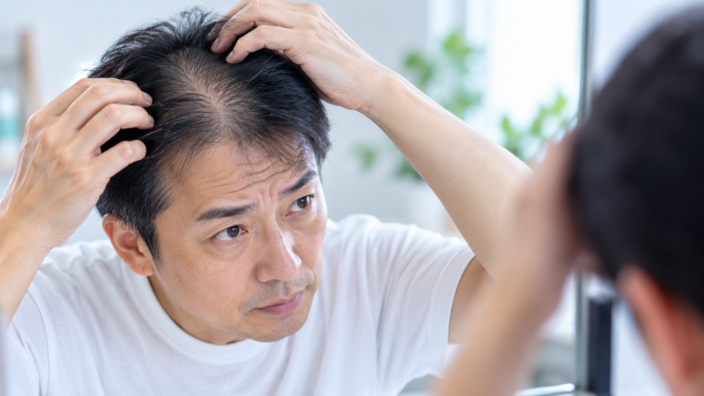 鏡で頭頂部を確認する男性（接写）