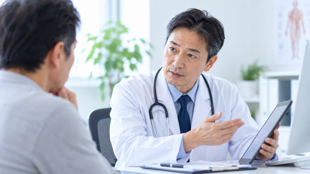 男性医師がタブレットで患者に説明する場面